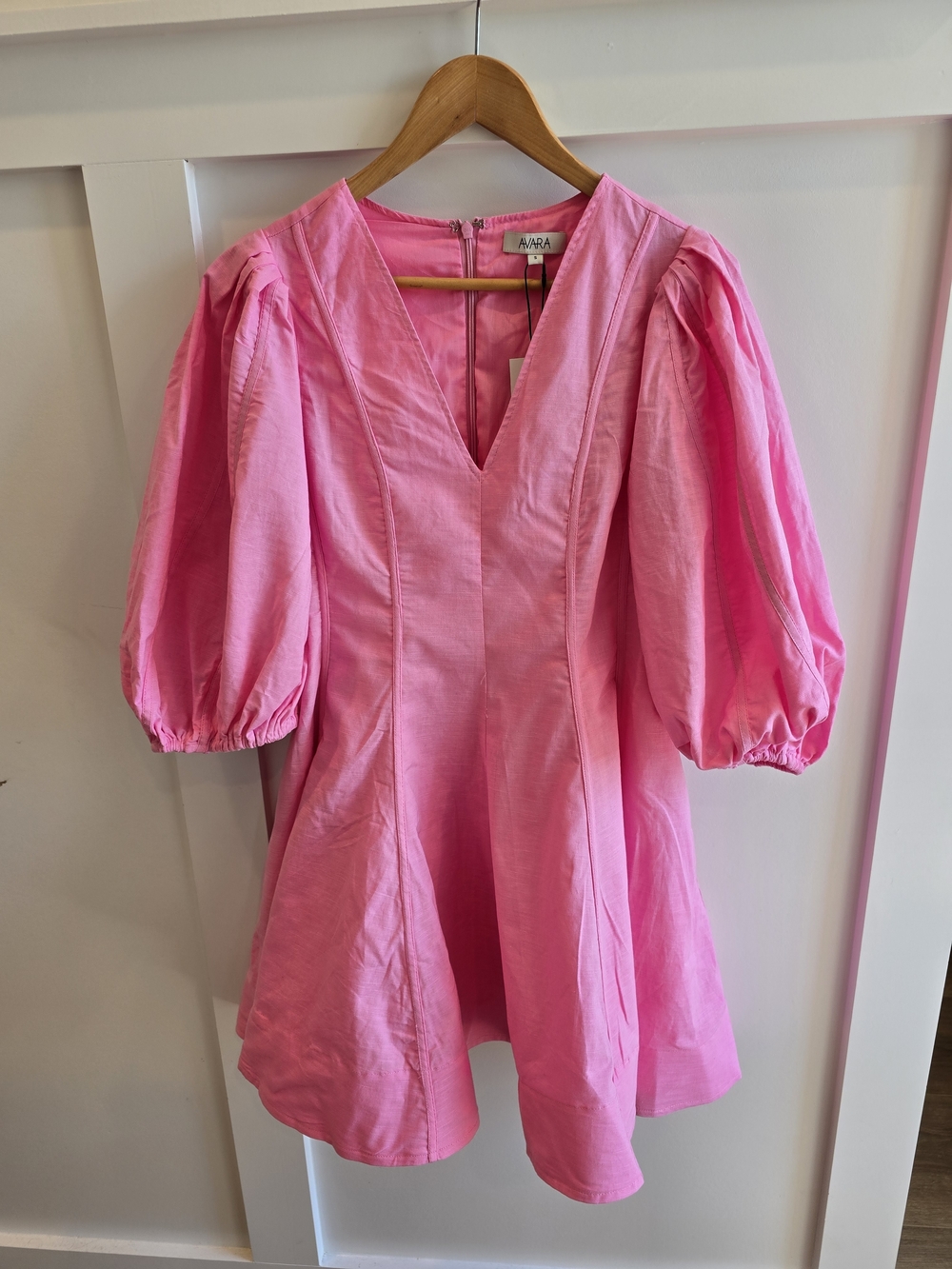 Avara Pink Channing  Puff-Sleeve V-Neck Mini Dress, Size Small NWT - Picture 5 of 12